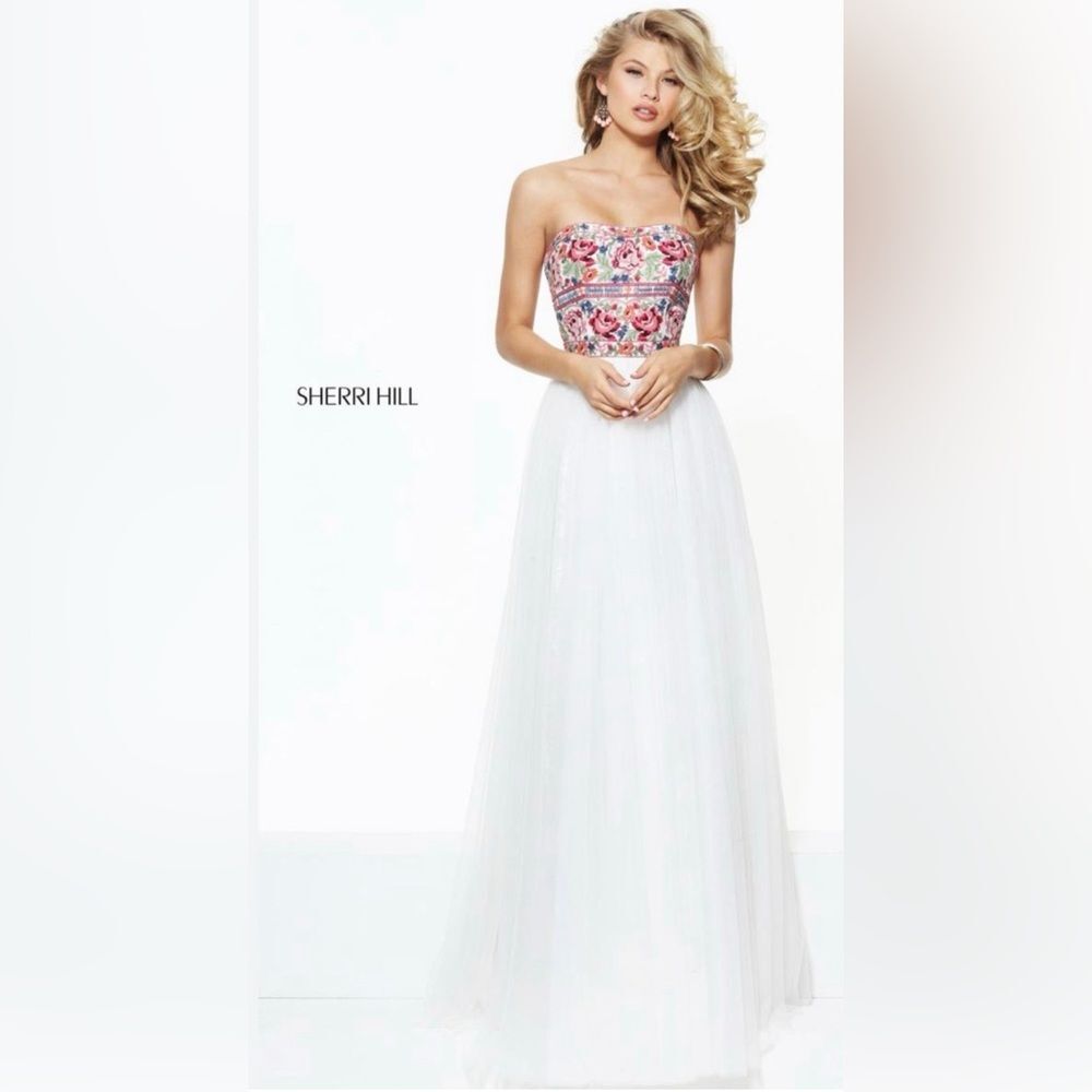 NEW Sherri Hill Embroidered Floral 50343 Strapless Tulle Prom Dress Size 12